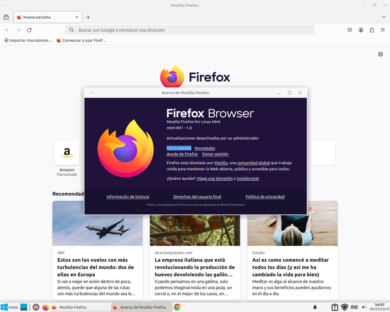 Mozilla Firefox abierto en Linux Mint mostrando la página de nueva pestaña y el diálogo Acerca de Firefox con el número de versión