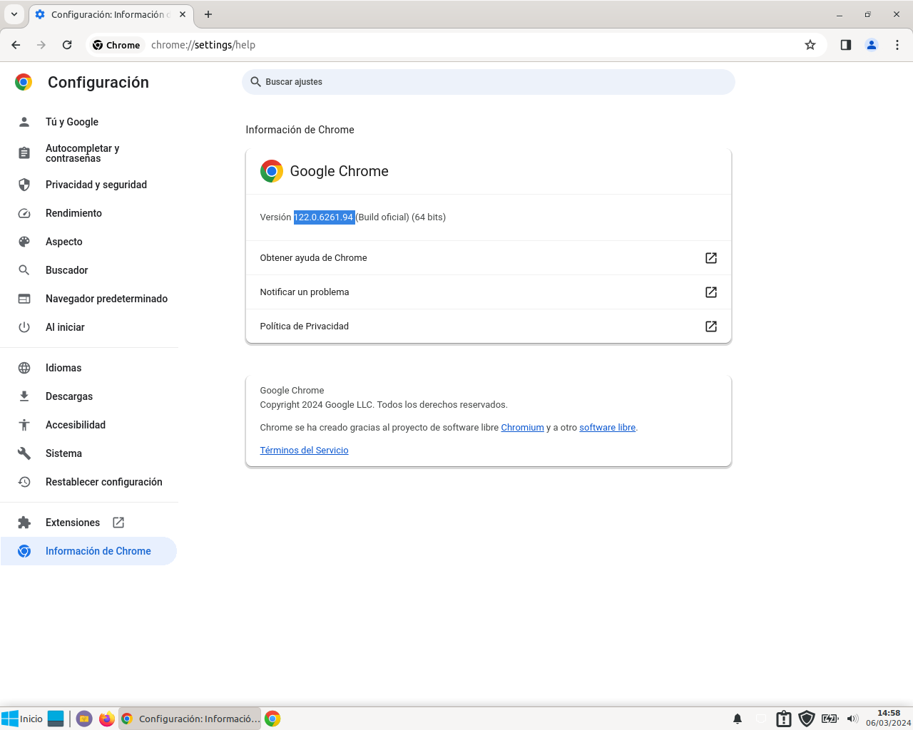 Google Chrome instalado en Linux Mint, mostrando la página de configuración con la información de la versión