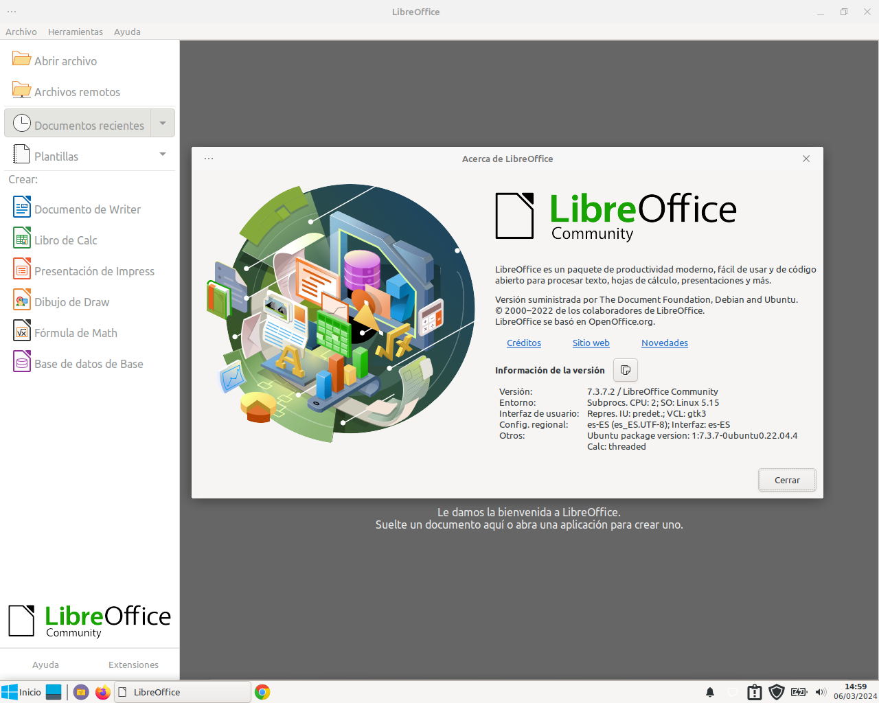 Pantalla de inicio de LibreOffice en Linux Mint con todas las aplicaciones (Writer, Calc, Impress, Draw, Math, Base) y el diálogo Acerca de