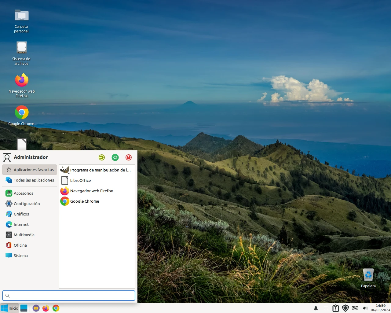 Menú de Inicio de Linux Mint XFCE personalizado para parecerse a Windows 7, con categorías de aplicaciones a la izquierda y favoritos a la derecha