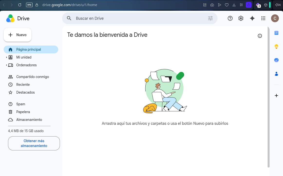 Página principal de Google Drive abierta en Google Chrome sobre Linux Mint, mostrando carpetas y opciones de la barra lateral