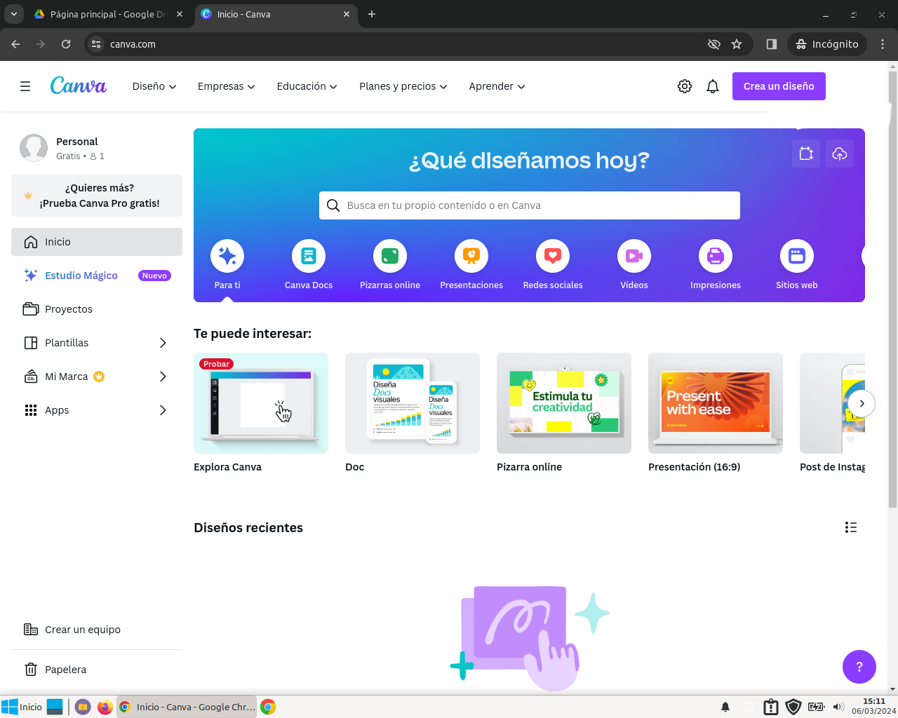 Página de inicio de Canva abierta en Google Chrome sobre Linux Mint, con plantillas y opciones visibles