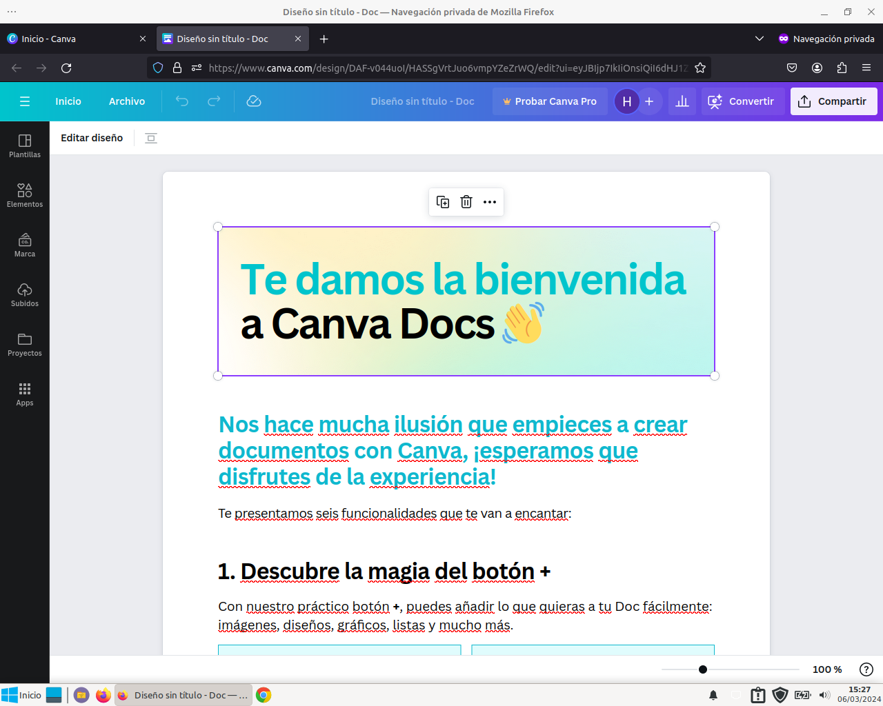Canva Docs editándose correctamente en Mozilla Firefox sobre Linux Mint, con todos los menús laterales accesibles